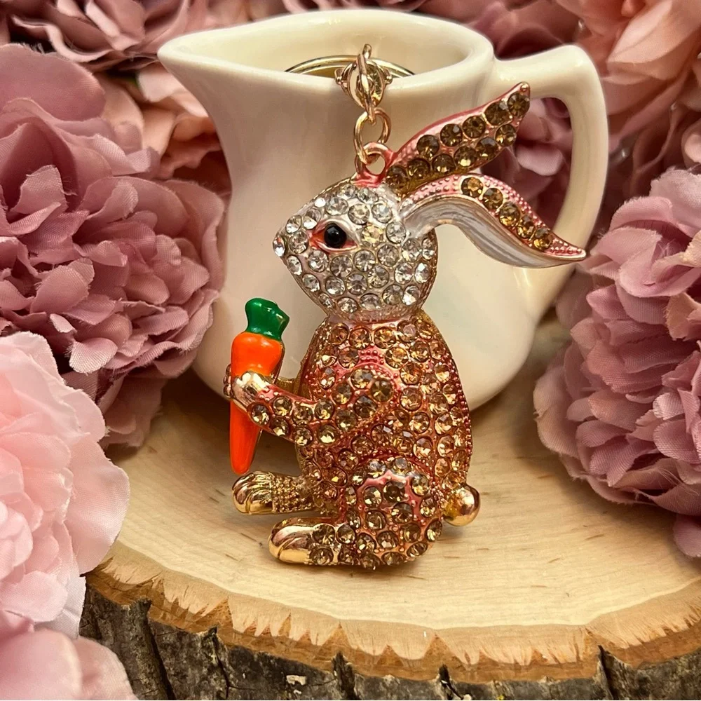 Champagne and Silver Crystal Bunny Rabbit with Carrot Keychain Charm - Picture 1 of 16